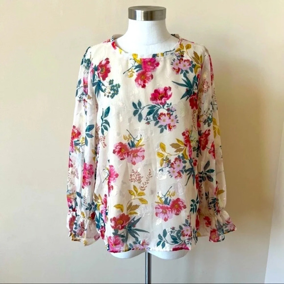 LOFT Tops - Loft shimmer floral chiffon ruffle puff sleeve blouse top 5725